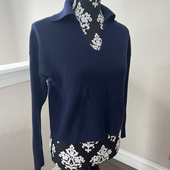 Navy Blue Ribbed Collared Sweater - Picture 2 of 6